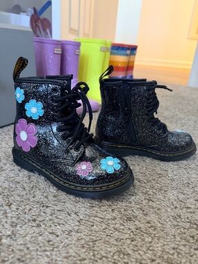 Glitter Black Floral Lace-Up Kids Boots